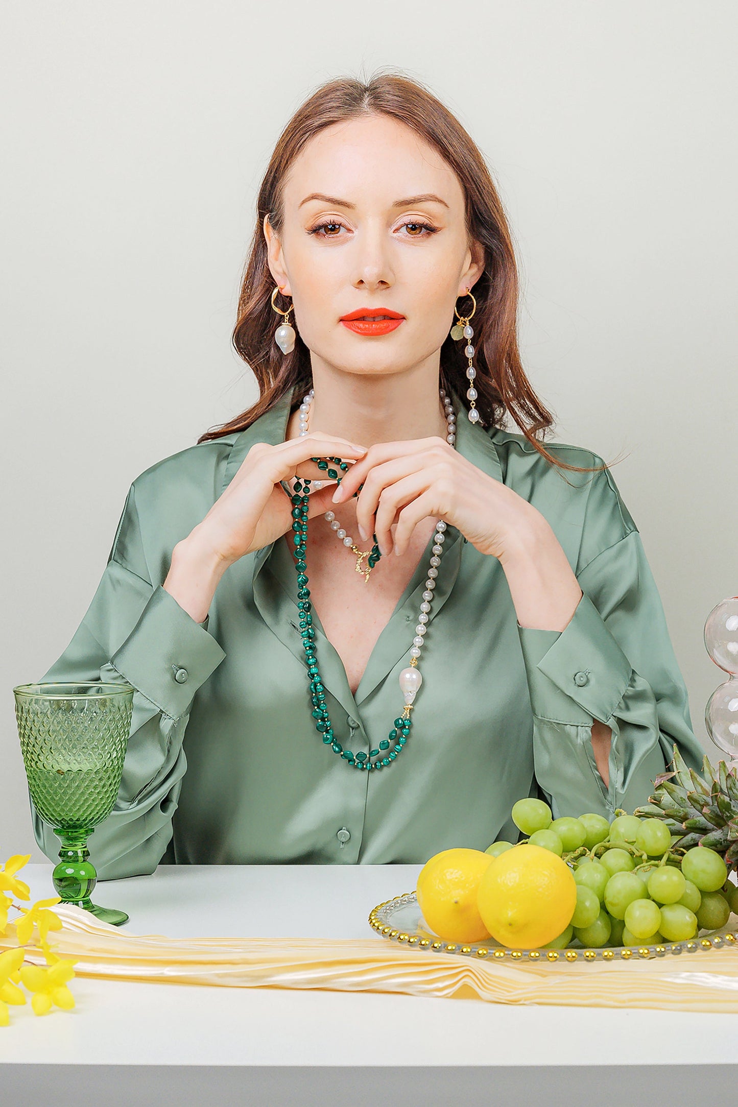 Malachites With Freshwater Pearls Multi Strands Necklace EN003 - FARRA