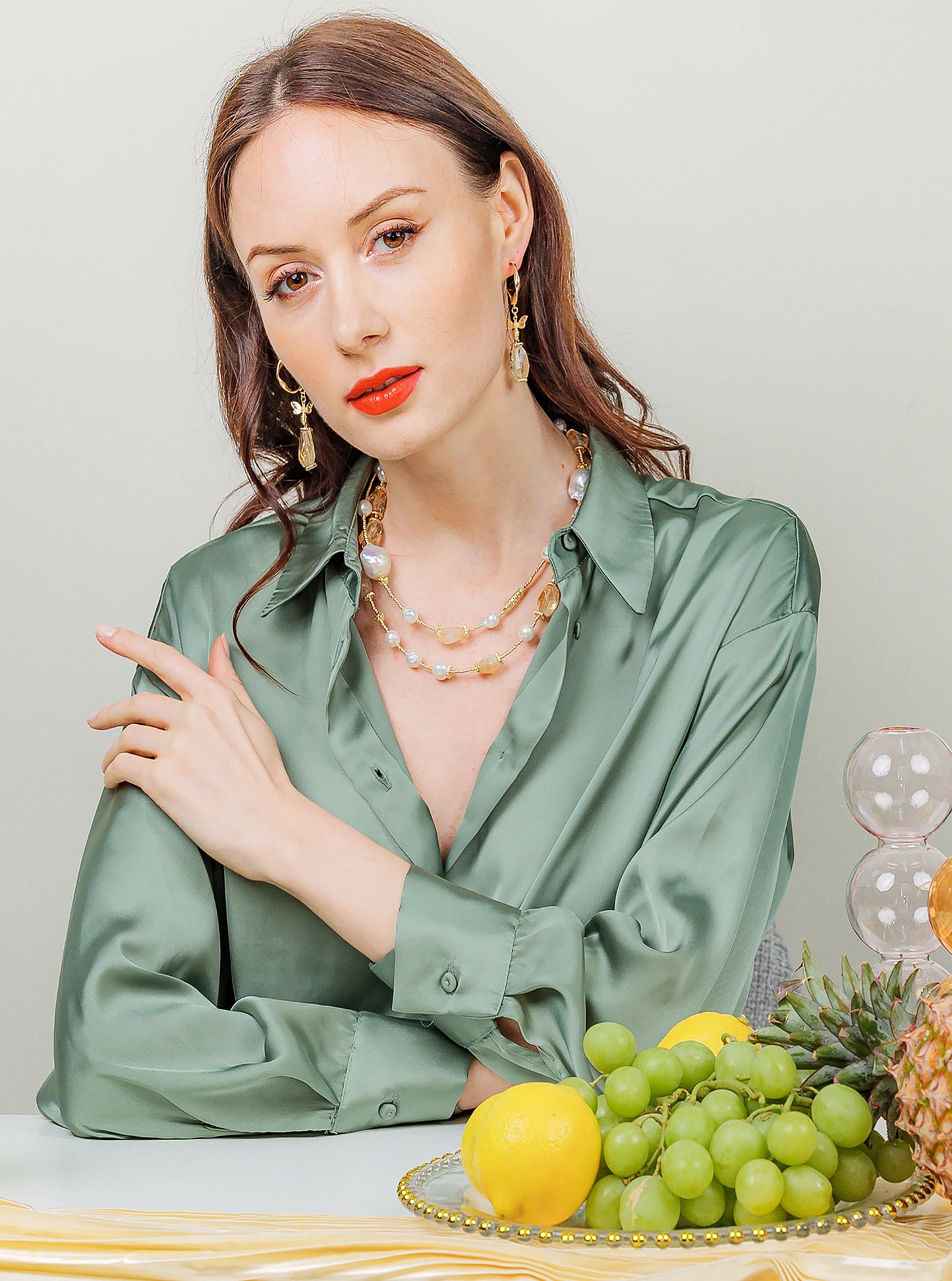 Citrine With Baroque Freshwater Pearl Long Necklace EN046 - FARRA