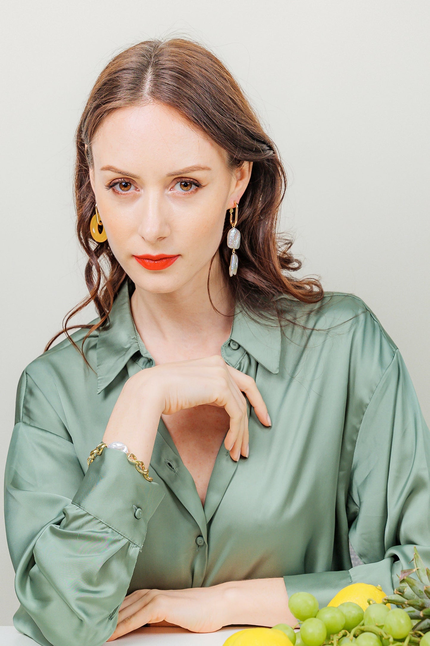 Donut Shaped Yellow Jade & Flat Freshwater Pearls Asymmetric Earrings EE045 - FARRA