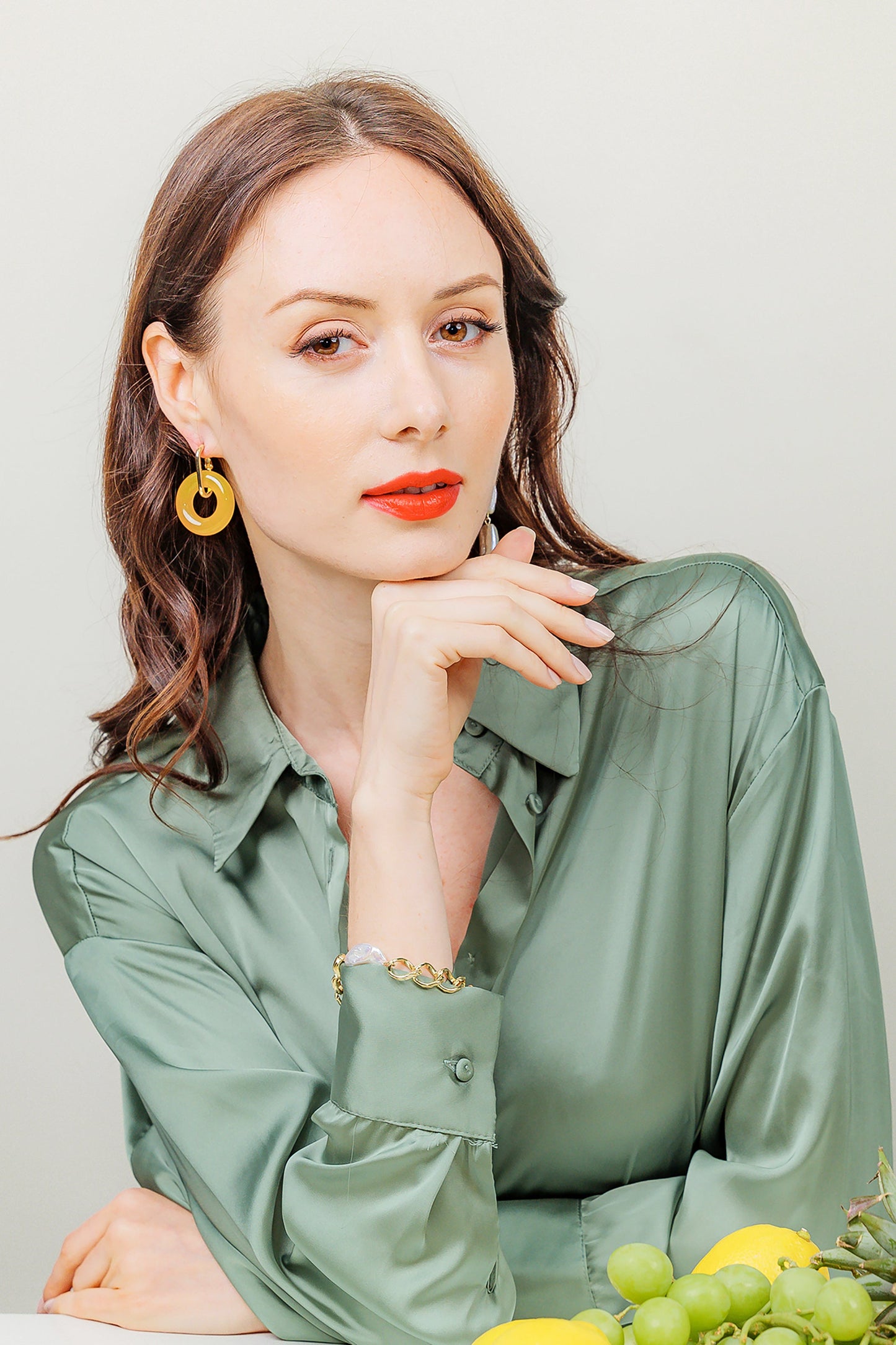 Donut Shaped Yellow Jade & Flat Freshwater Pearls Asymmetric Earrings EE045 - FARRA