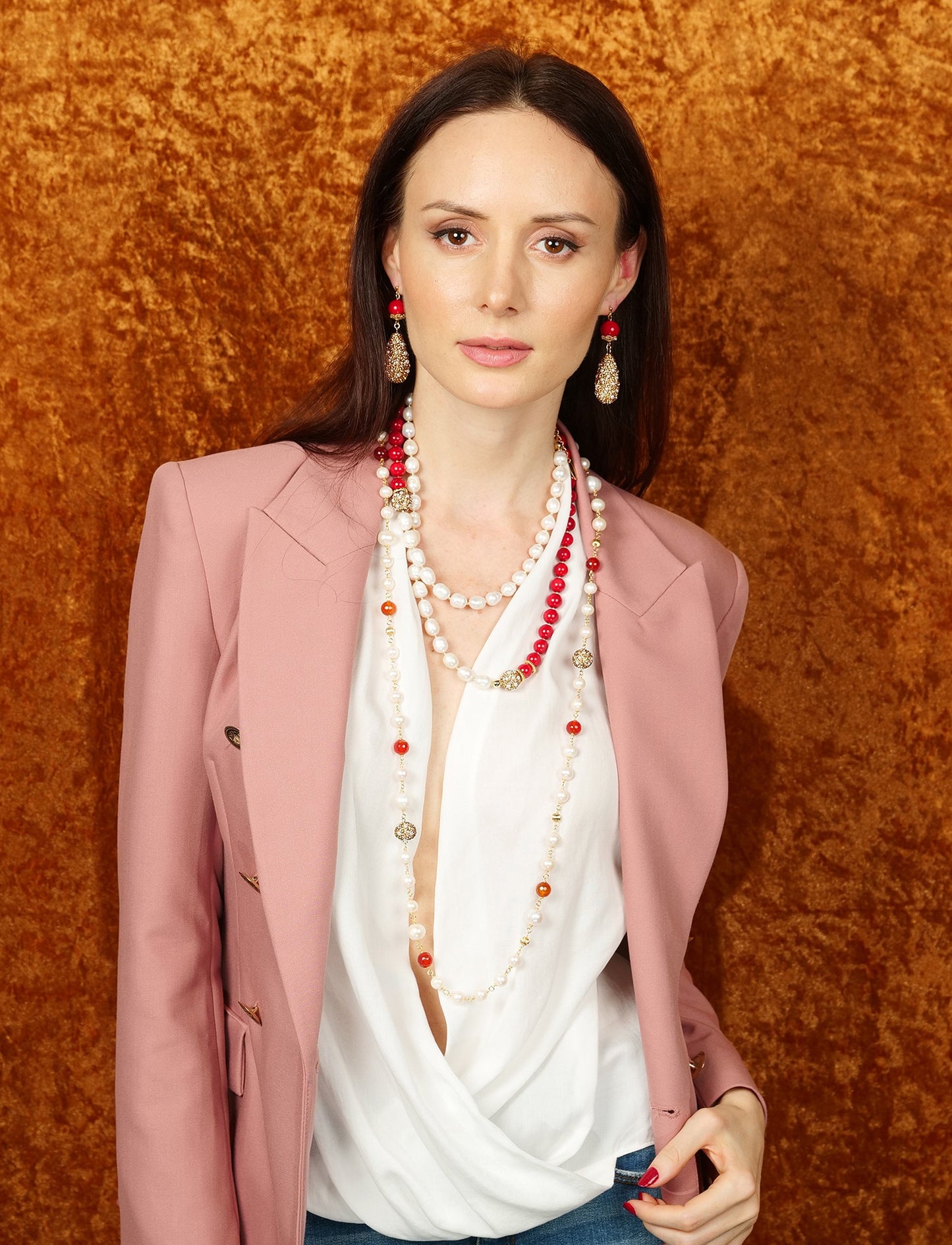 Freshwater Pearls with Red Agate Chain Necklace FN007 - FARRA