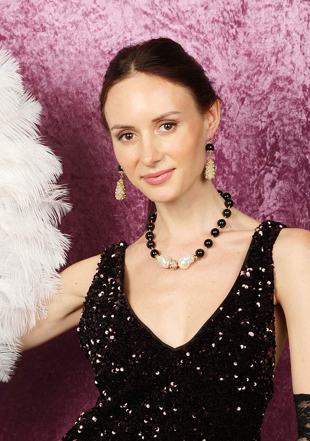 Black Obsidian With Rhinestones Dangle Earrings FE022 - FARRA
