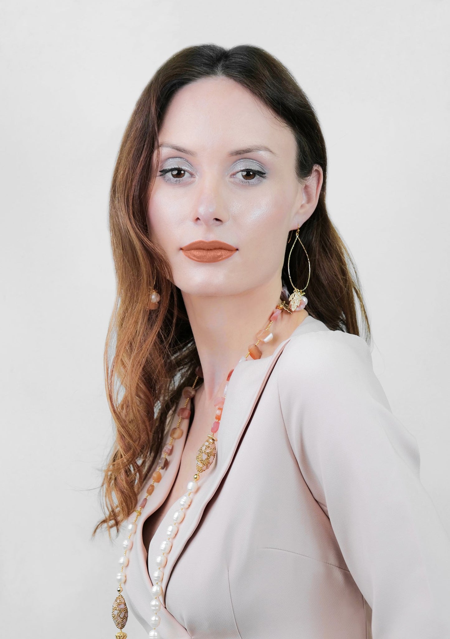 Orange Agate & Freshwater Pearls Swinging Earrings AE001 - FARRA
