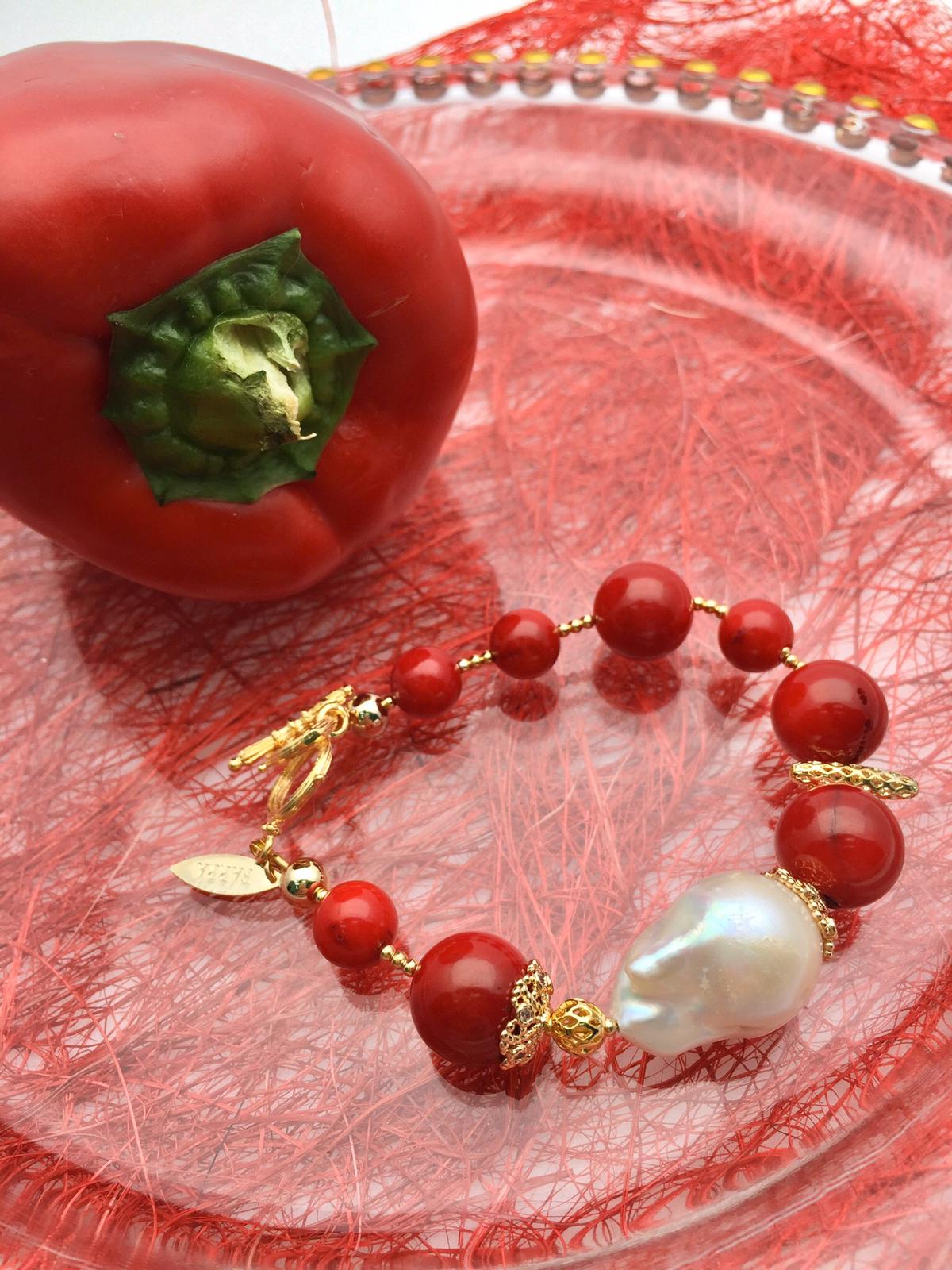 Round Coral with Baroque Pearls Bracelet CB004 - FARRA