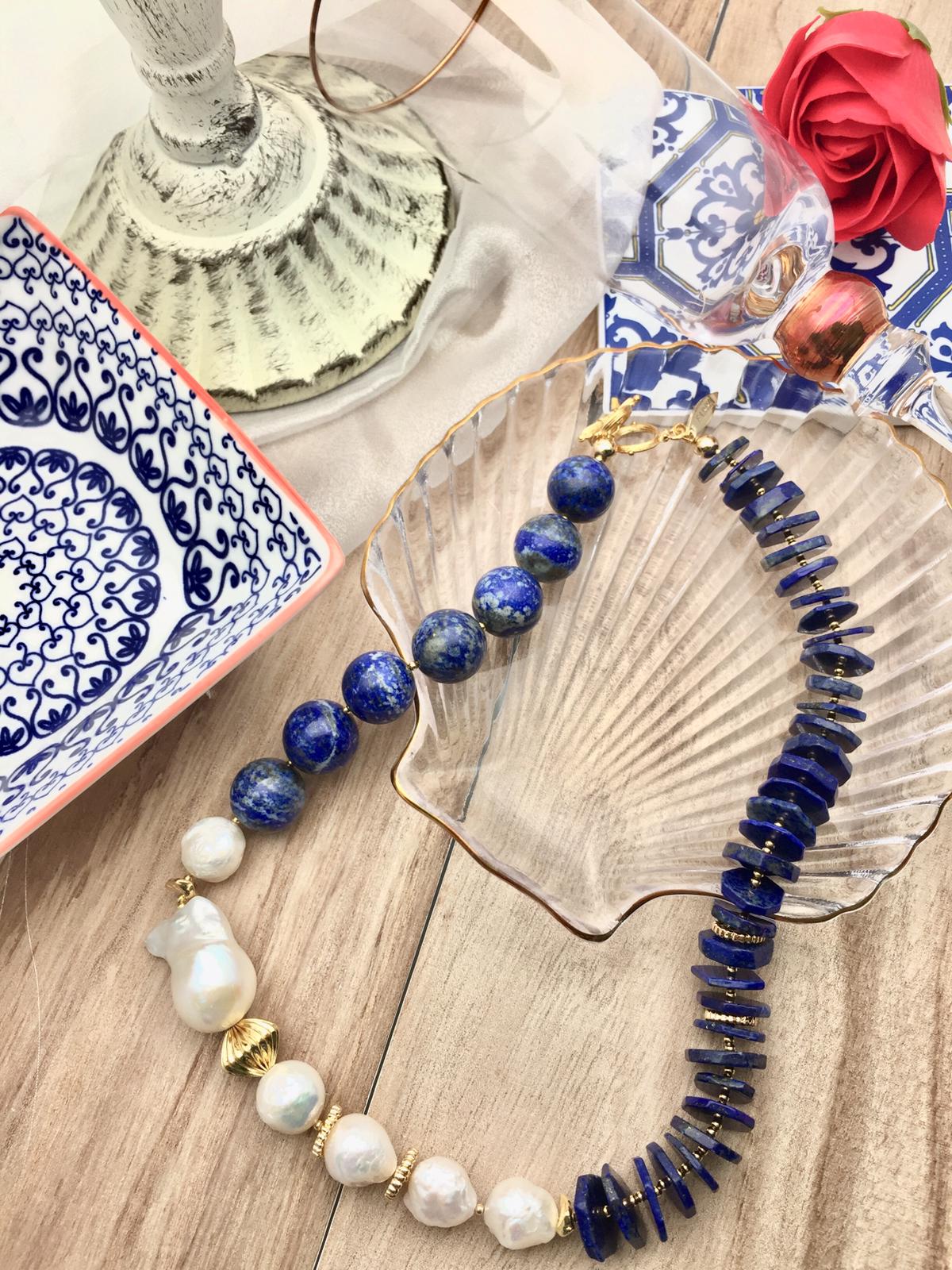 Lapis Lazuli with Baroque Freshwater Pearls Stylish Necklace AN013 - FARRA