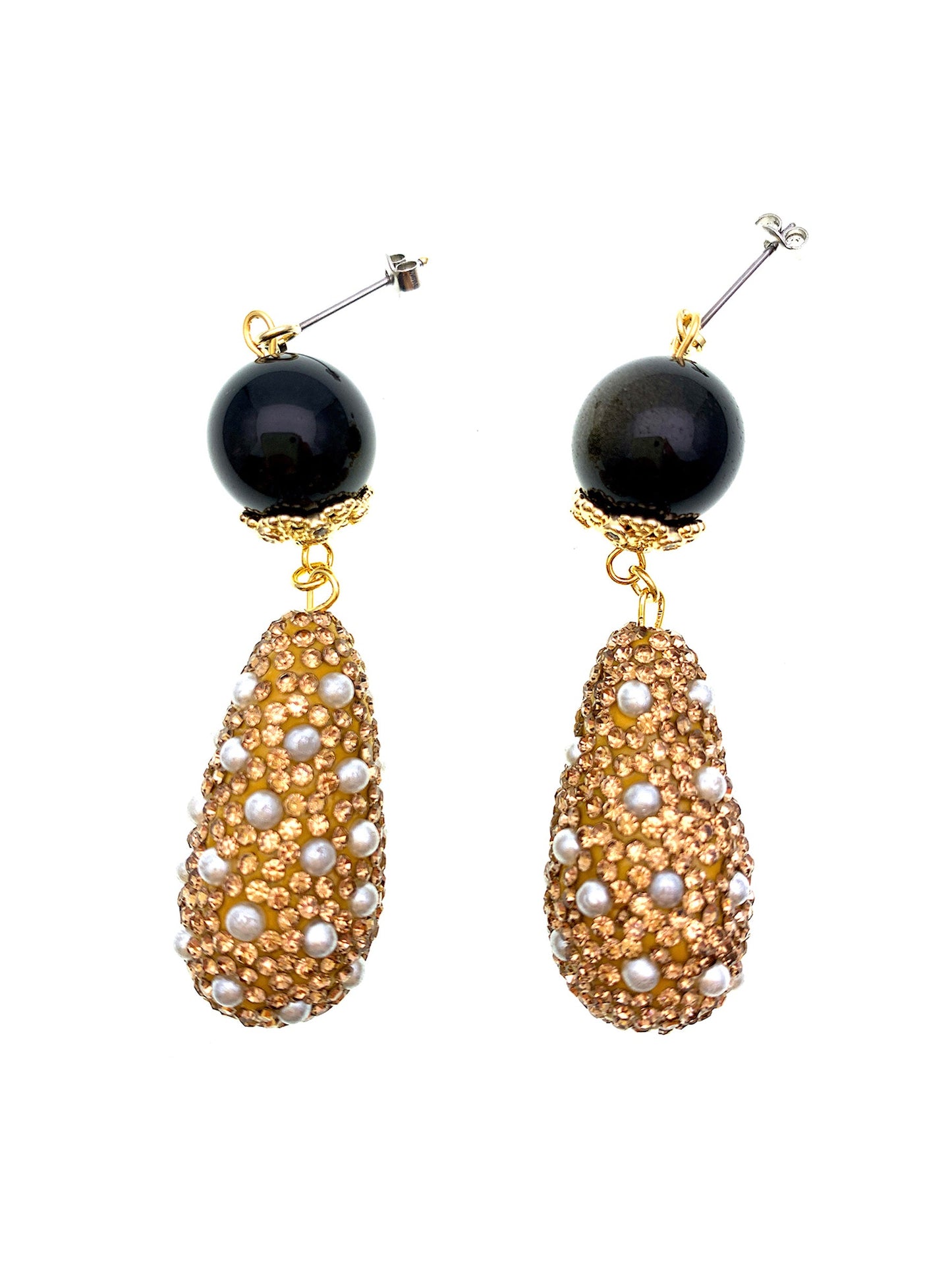 Black Obsidian With Rhinestones Dangle Earrings FE022 - FARRA
