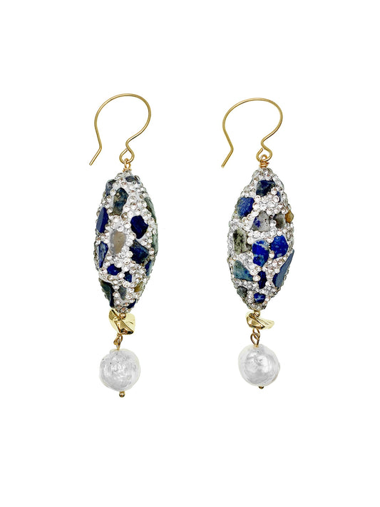 Lapis Rhinestone With Freshwater Pearls Dangle Earrings EE017 - FARRA