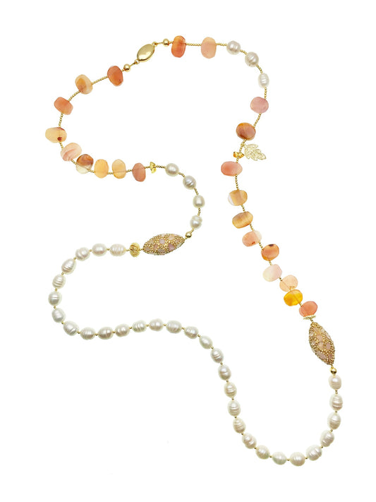 Orange Agate With Freshwater Pearls And Rhinestones Multi-Way Necklace AN002 - FARRA