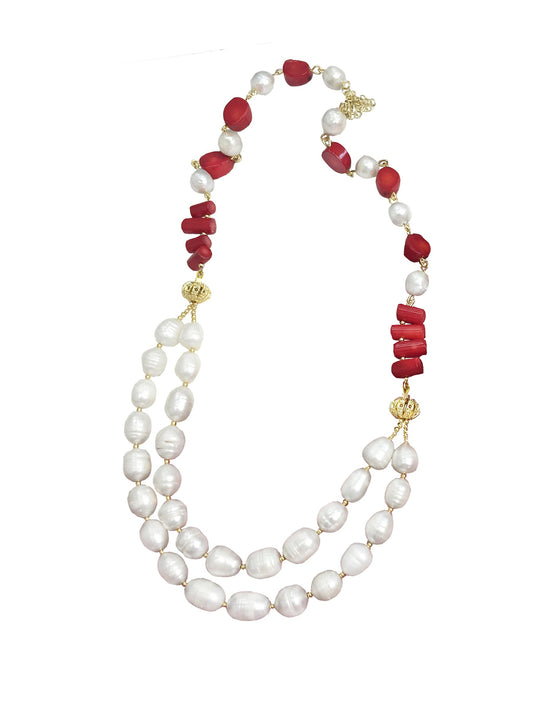 Freshwater Pearls With Corals Double Strands Necklace CN010 - FARRA