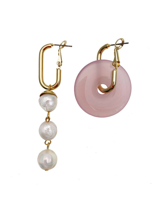 Donut Rose quartz with Freshwater Pearls Asymmetric Earrings EE030 - FARRA