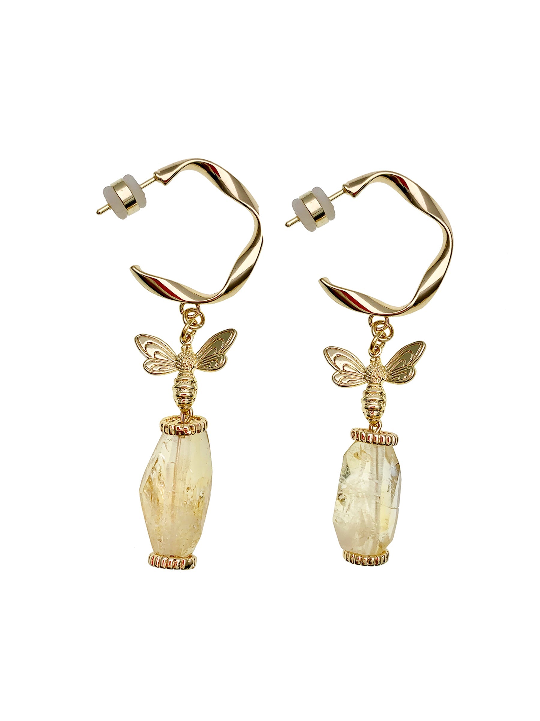 Citrine With Bee Charm Hook Earrings EE044 - FARRA