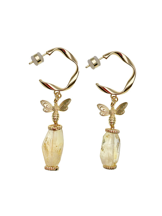 Citrine With Bee Charm Hook Earrings EE044 - FARRA