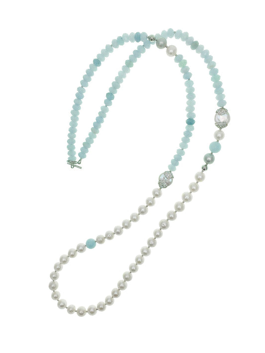 Freshwater Pearls With Aquamarine Long Necklace MN103 - FARRA
