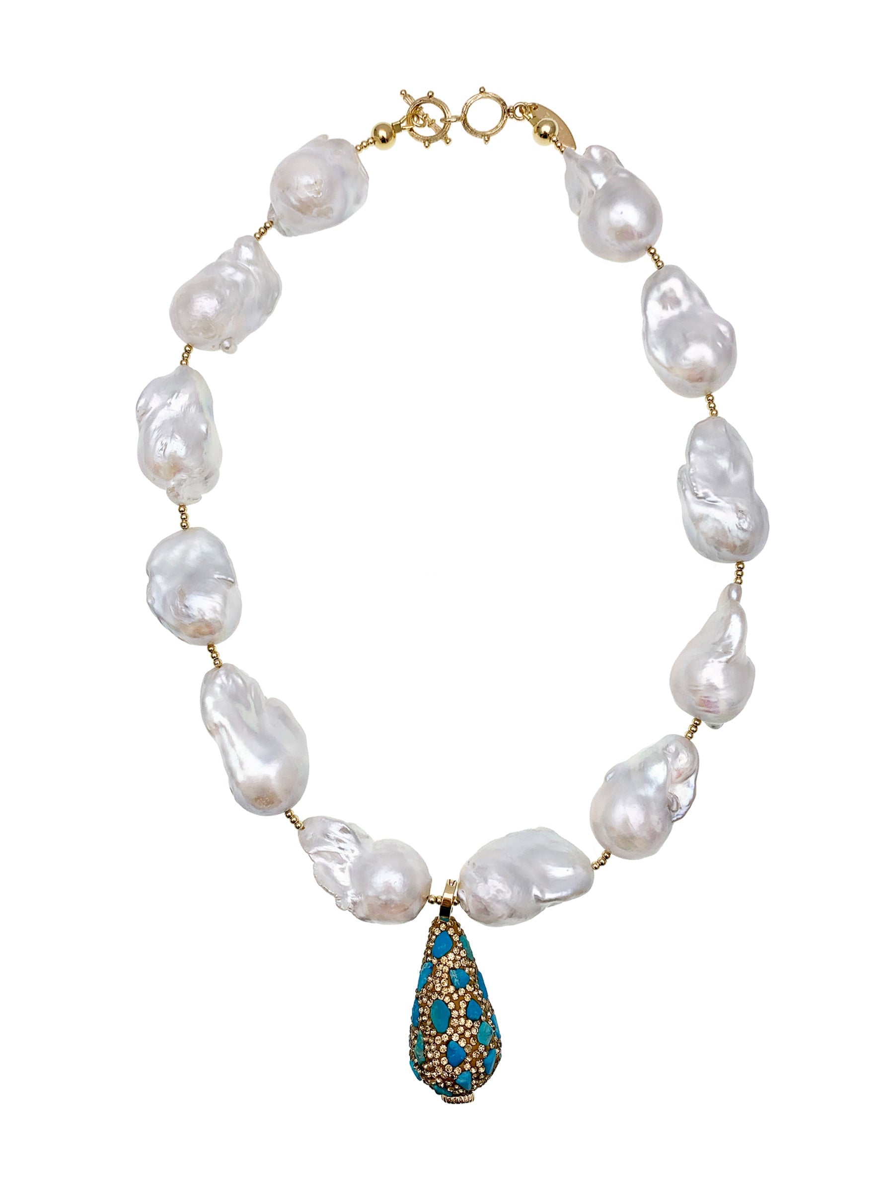 Baroque Pearls With Rhinestone Bordered Turquoise Charm Necklace EN012 - FARRA