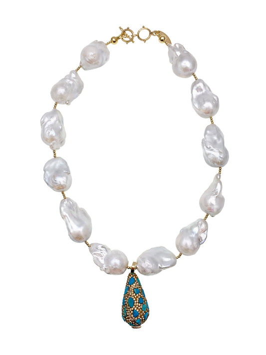 Baroque Pearls With Rhinestone Bordered Turquoise Charm Necklace EN012 - FARRA