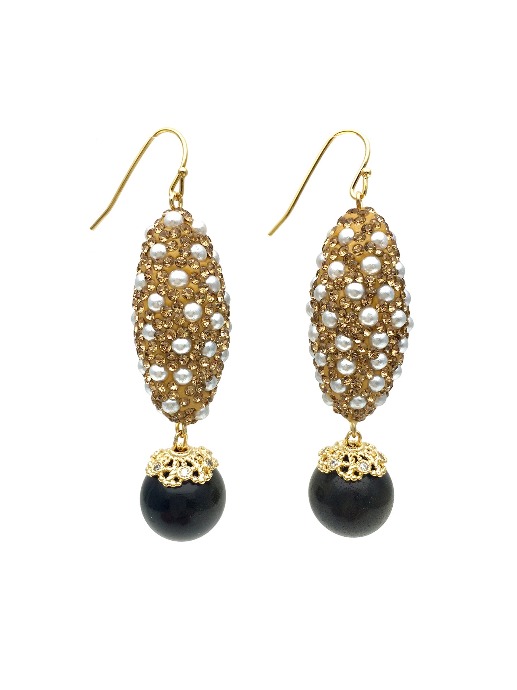 Black Obsidian With Rhinestones Statement Earrings AE016 - FARRA