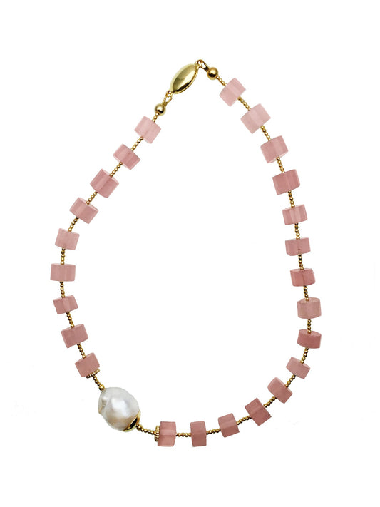 Pink Rose Quartz With Baroque Pearl Minimalist Necklace DN221 - FARRA