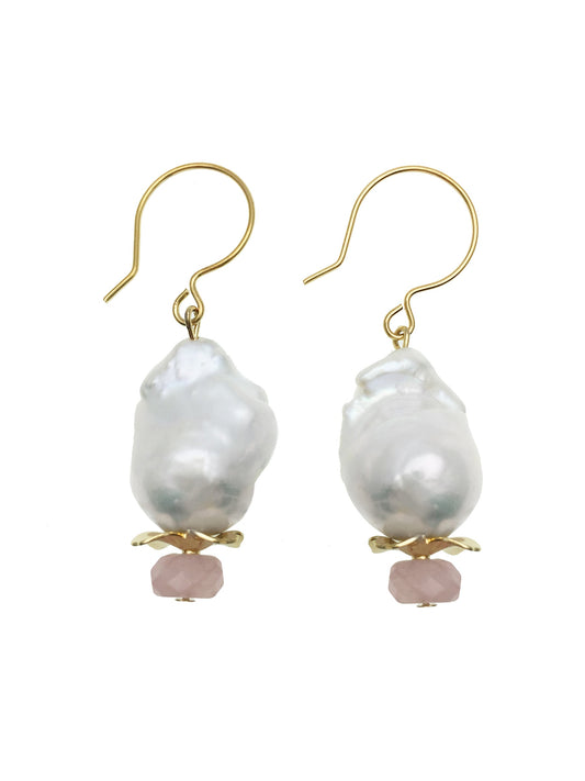 Baroque Pearls & Rose Quartz Dangle Earrings DE215 - FARRA