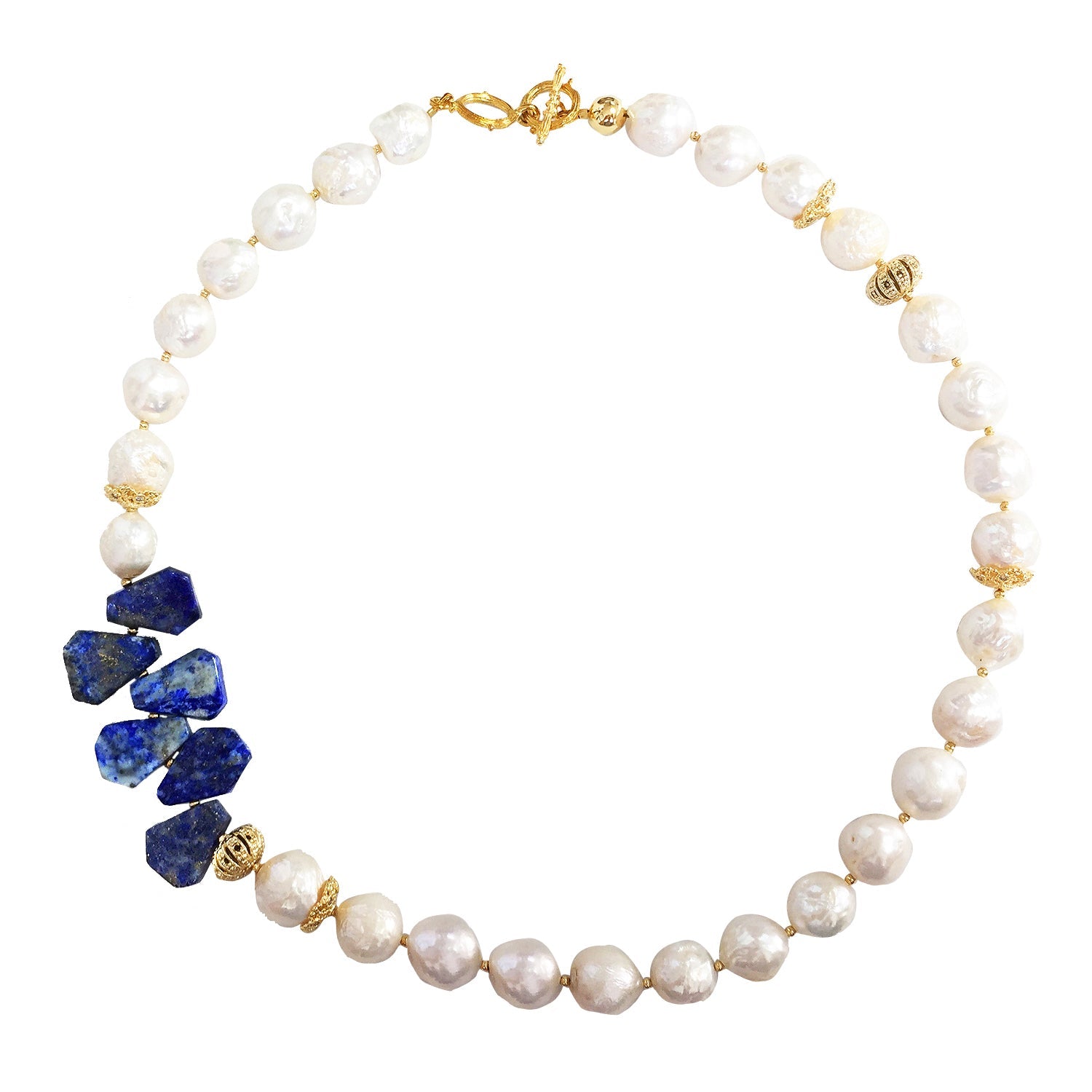 Freshwater Pearl With Lapis Flower Statement Necklace  MN040 - FARRA
