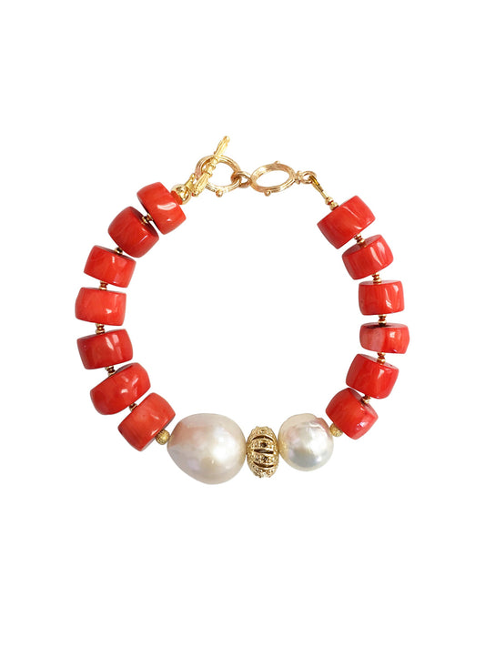 Orange Coral With Natural Baroque Pearls Bracelet MB029 - FARRA