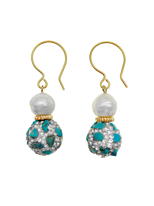 Freshwater Pearls With Rhinestones bordered Turquoise Dangle Earrings EE007 - FARRA
