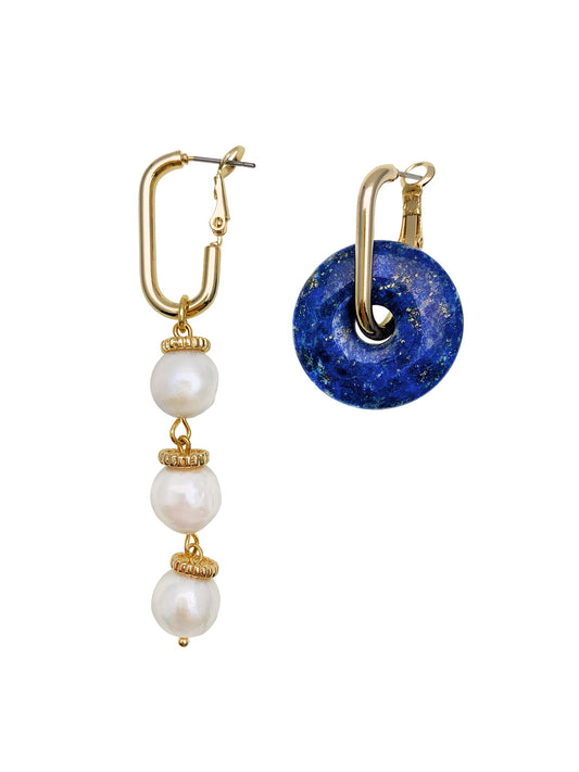 Lapis & Freshwater Pearls Asymmetric Clip On Earrings EE019 - FARRA