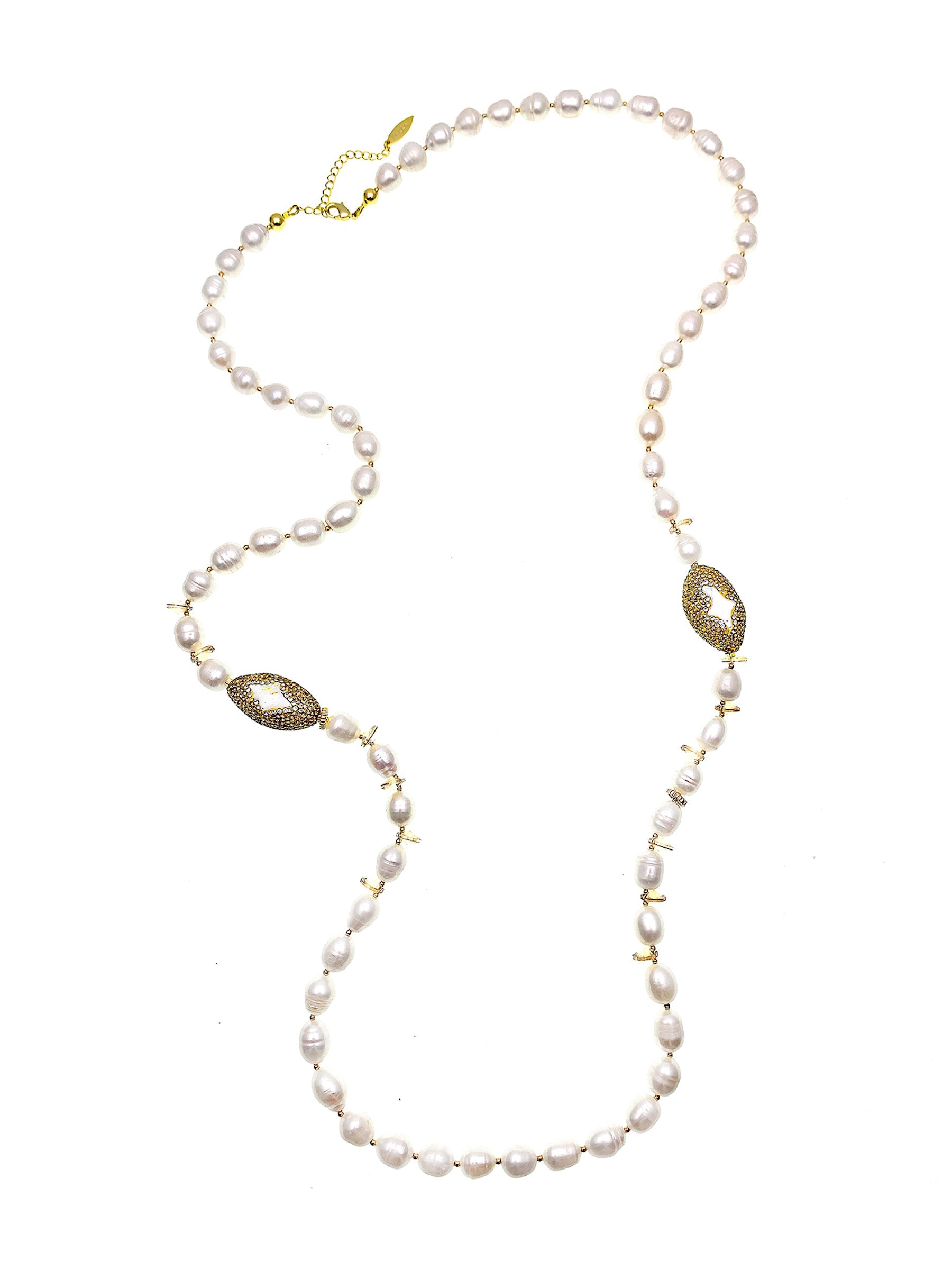 Freshwater Pearls With Crystals & Rhinestone Two Ways Necklace FN035 - FARRA