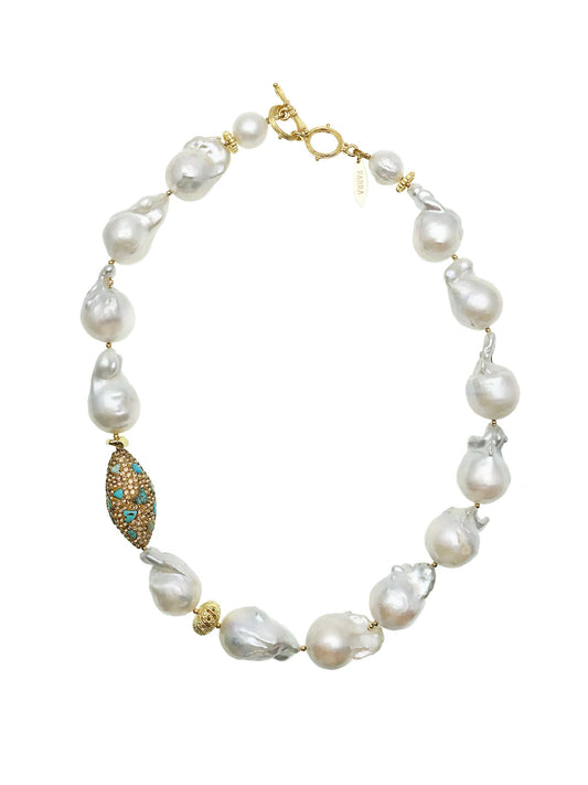 Baroque Pearls With Rhinestone Bordered Turquoise Short Necklace CN025 - FARRA
