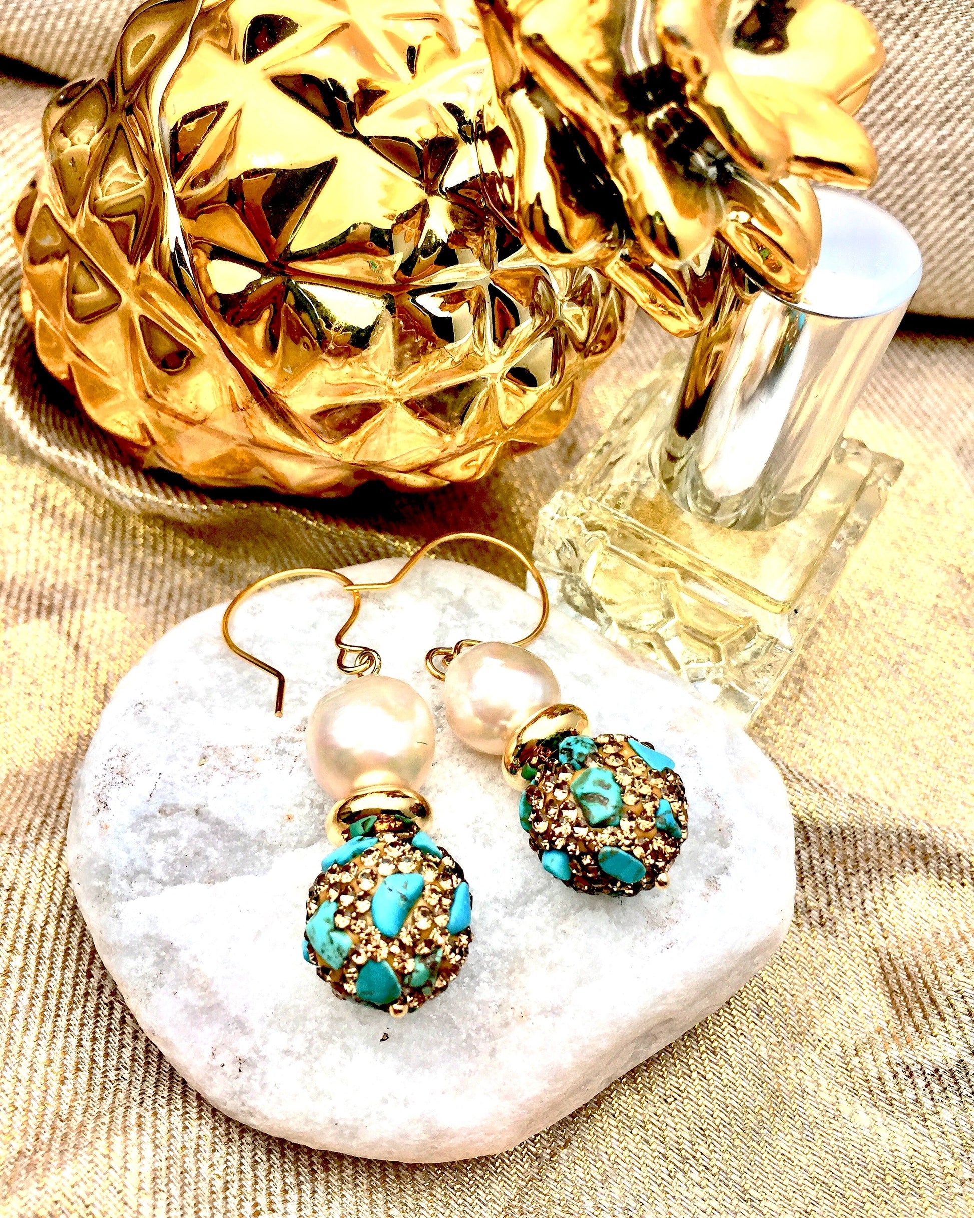 Freshwater Pearl With Rhinestone Turquoise Hook Earrings CE020 - FARRA