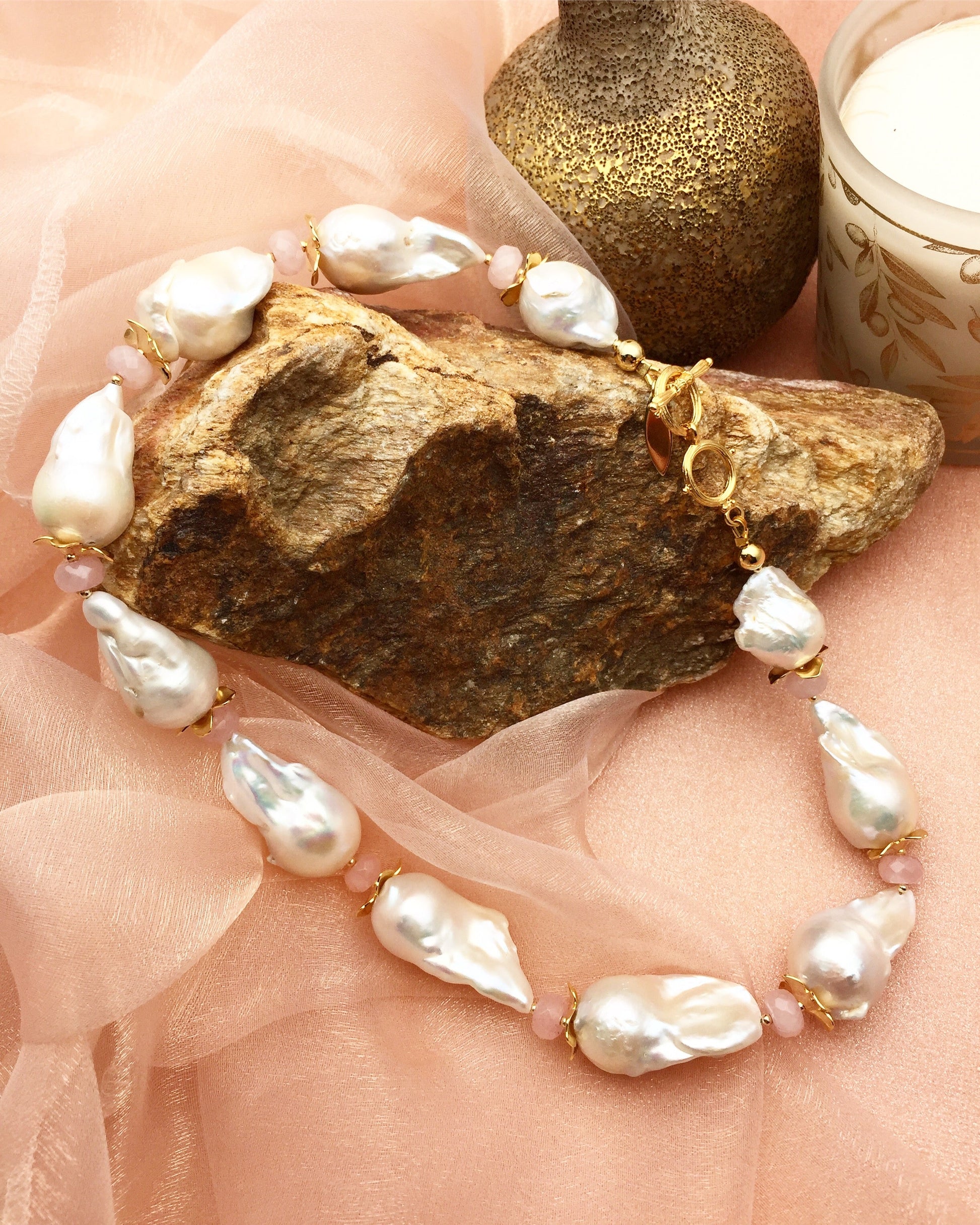Baroque Pearls With Pink Rose Quartz Necklace DN218 - FARRA