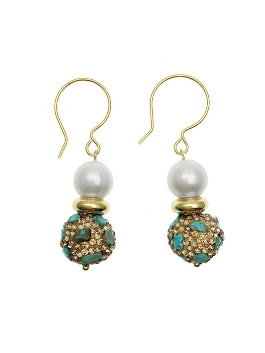 Freshwater Pearl With Rhinestone Turquoise Hook Earrings CE020 - FARRA