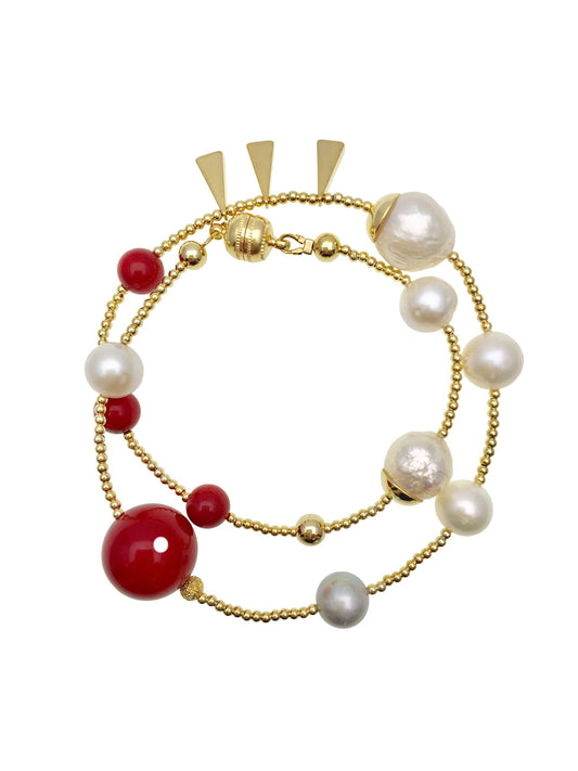 Freshwater Pearls With Red Coral Double Wrapped Bracelet AB005 - FARRA