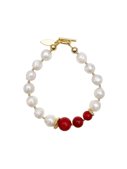 Freshwater Pearls with Red Coral Bracelet EB005 - FARRA