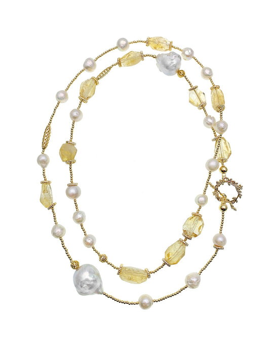 Citrine With Baroque Freshwater Pearl Long Necklace EN046 - FARRA