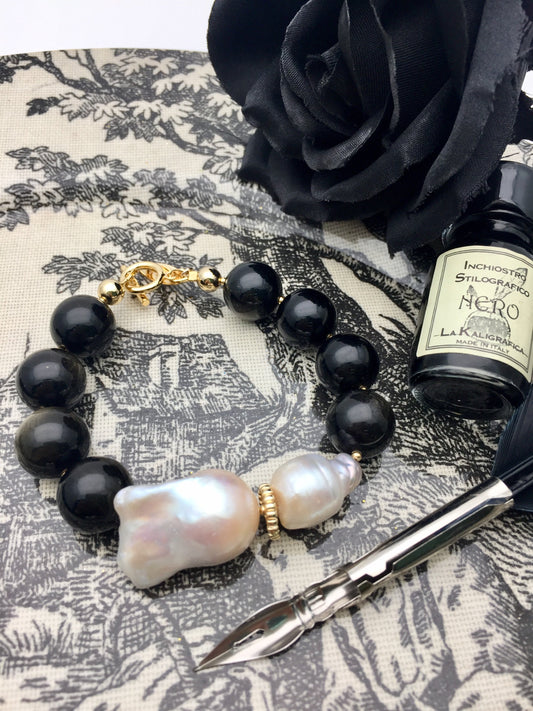 Timeless Black Obsidian With Baroque Pearl Bracelet CB016 - FARRA