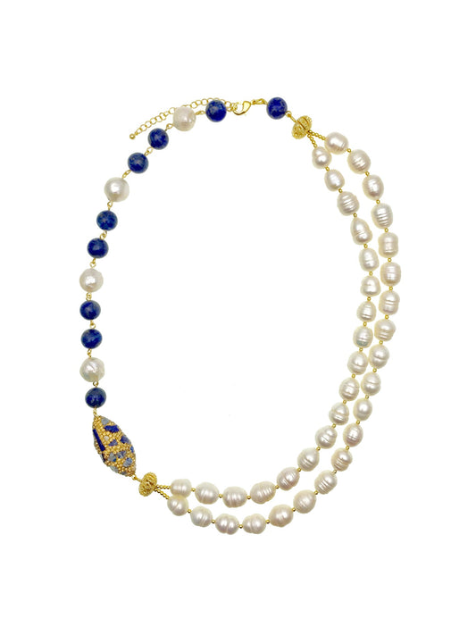 Freshwater Pearls With Lapis Lazuli & Rhinestone Double Strands Necklace AN016 - FARRA