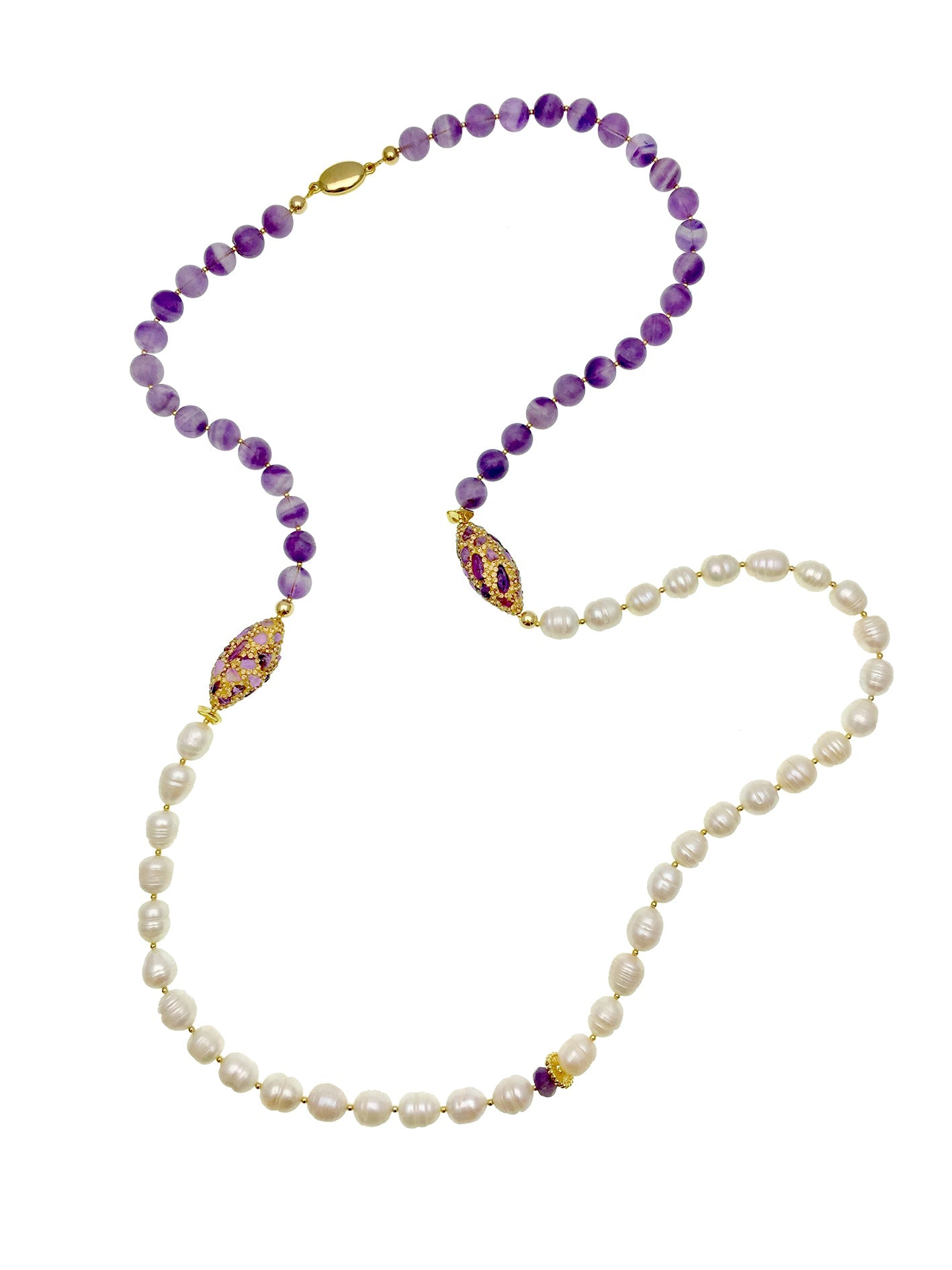 Freshwater Pearls & Amethyst With Rhinestones Multi-Way Long Necklace AN006 - FARRA