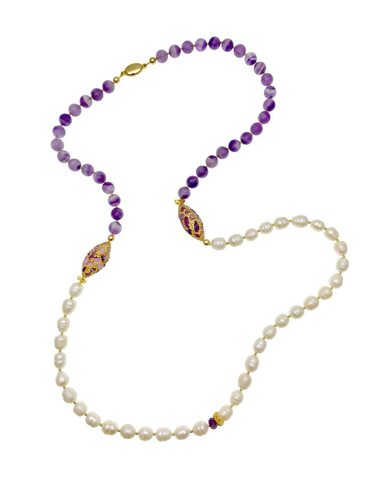 Freshwater Pearls & Amethyst With Rhinestones Multi-Way Long Necklace AN006 - FARRA