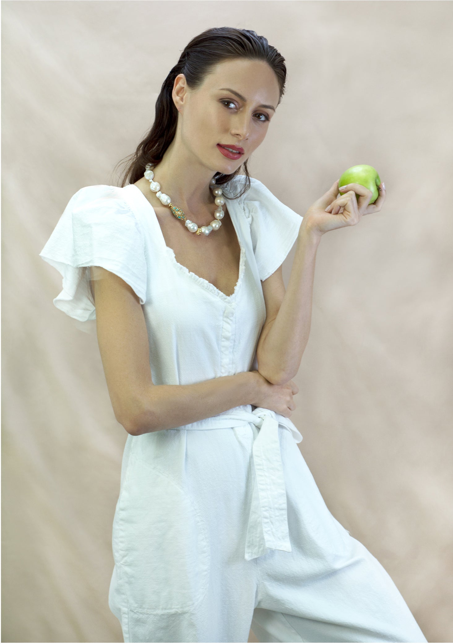 Baroque Pearls With Rhinestone Bordered Turquoise Short Necklace CN025 - FARRA