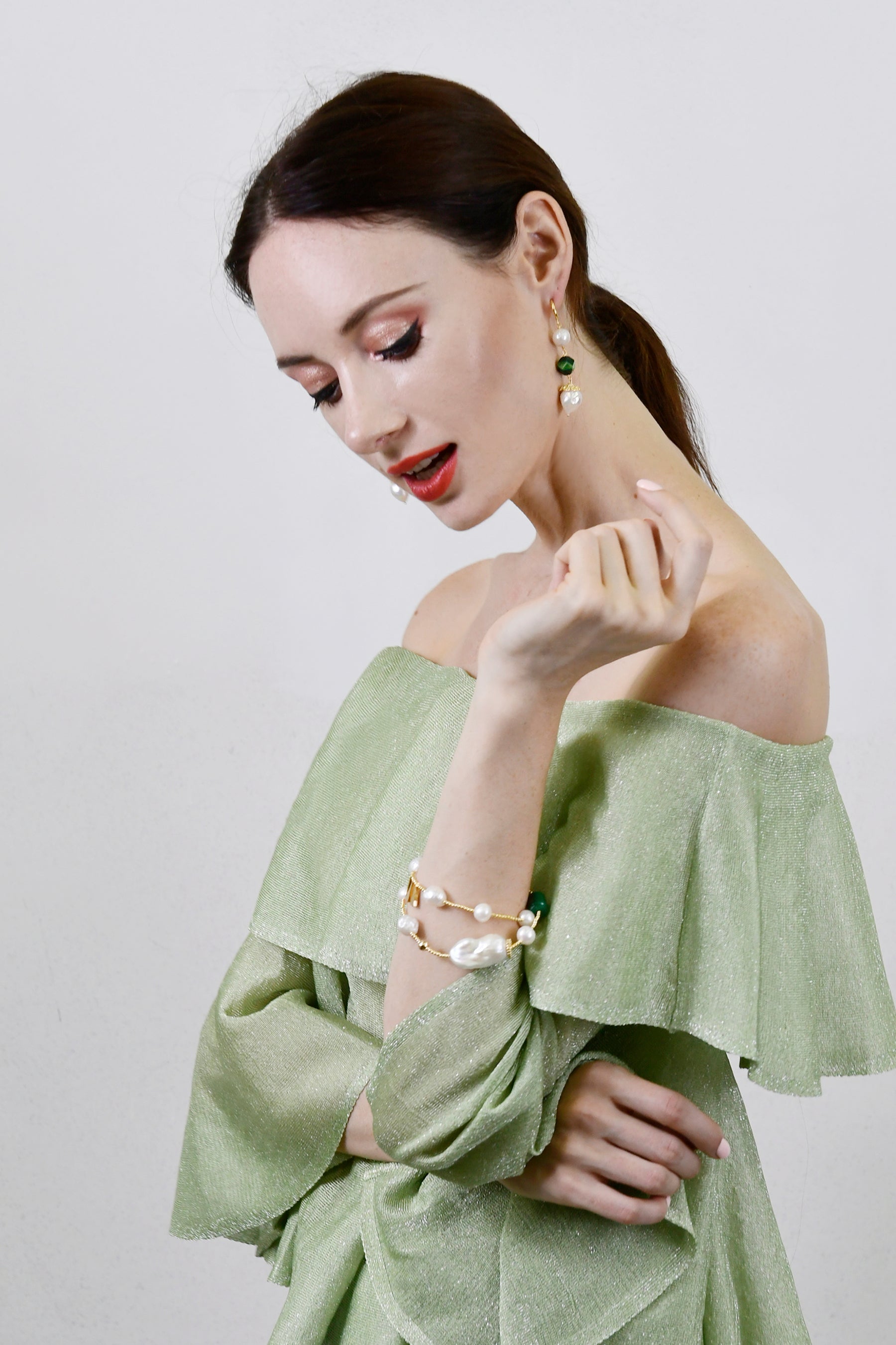 Baroque Pearls With Malachite Double Wrapped Bracelet AB014 - FARRA