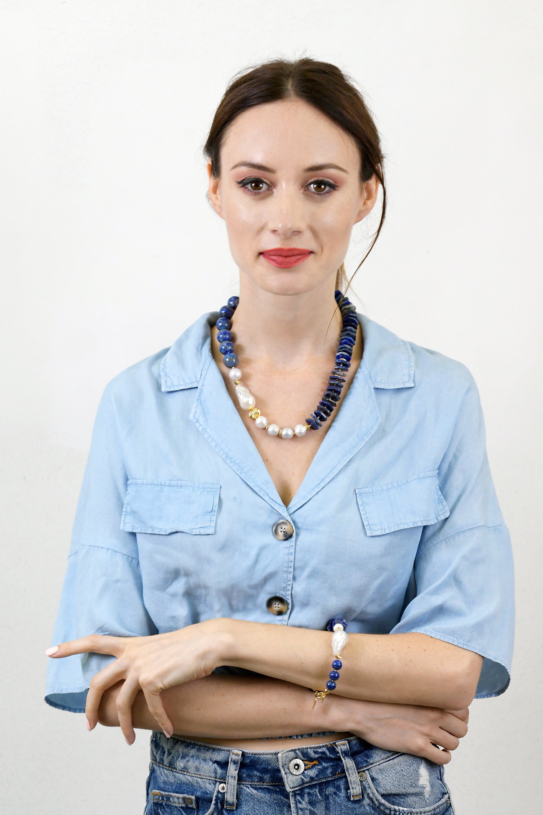 Lapis Lazuli with Baroque Freshwater Pearls Stylish Necklace AN013 - FARRA