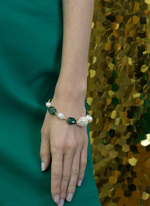 Malachite & Baroque Pearls With Edison Pearls Bracelet CB014 - FARRA