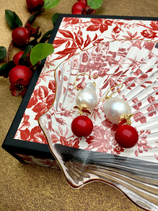 Baroque Pearls With Red Coral Dangle Earrings CE007 - FARRA