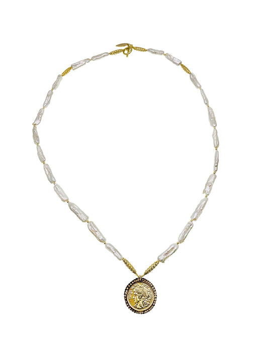 Freshwater Pearls With Coin Pendent Necklace EN023 - FARRA