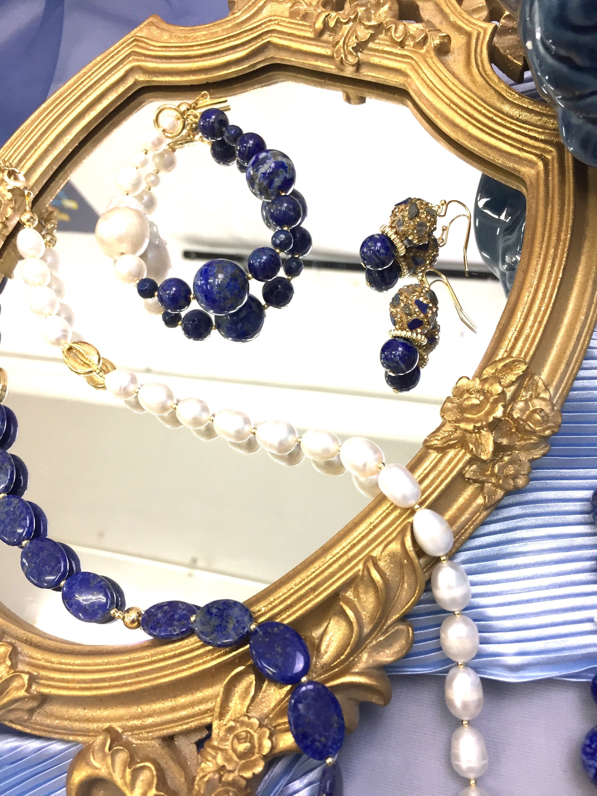 Freshwater Pearls & Round Lapis Bracelet DB202 - FARRA