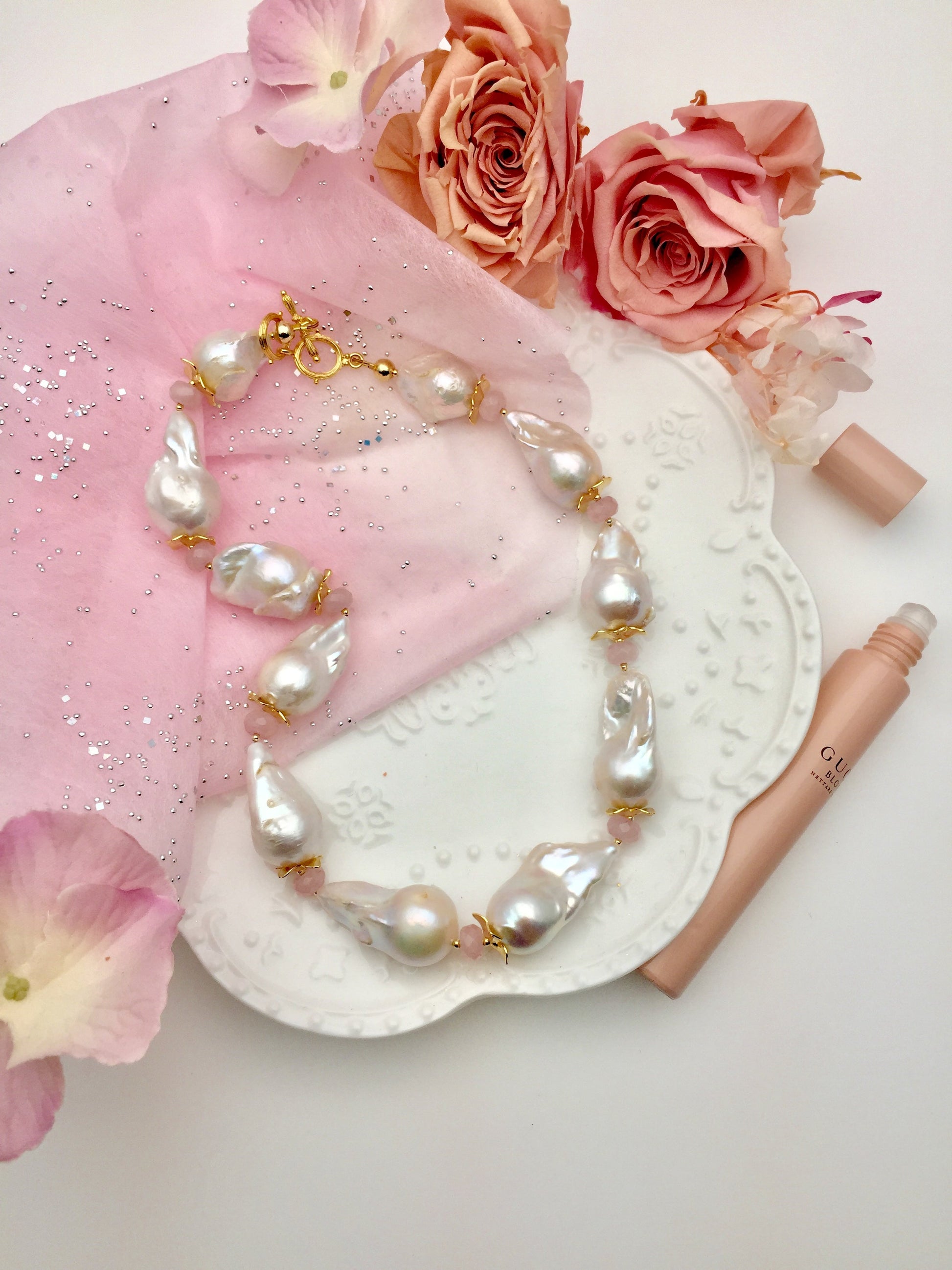 Baroque Pearls With Pink Rose Quartz Necklace DN218 - FARRA