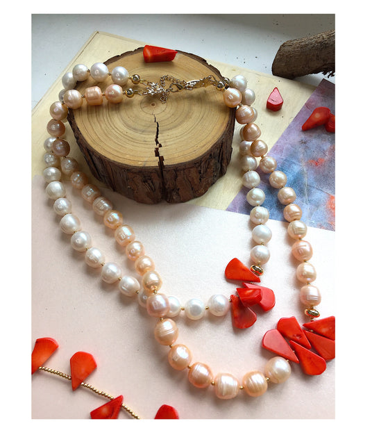 White And Orange Natural Pearls With Red Coral Double Layers Necklace MN066