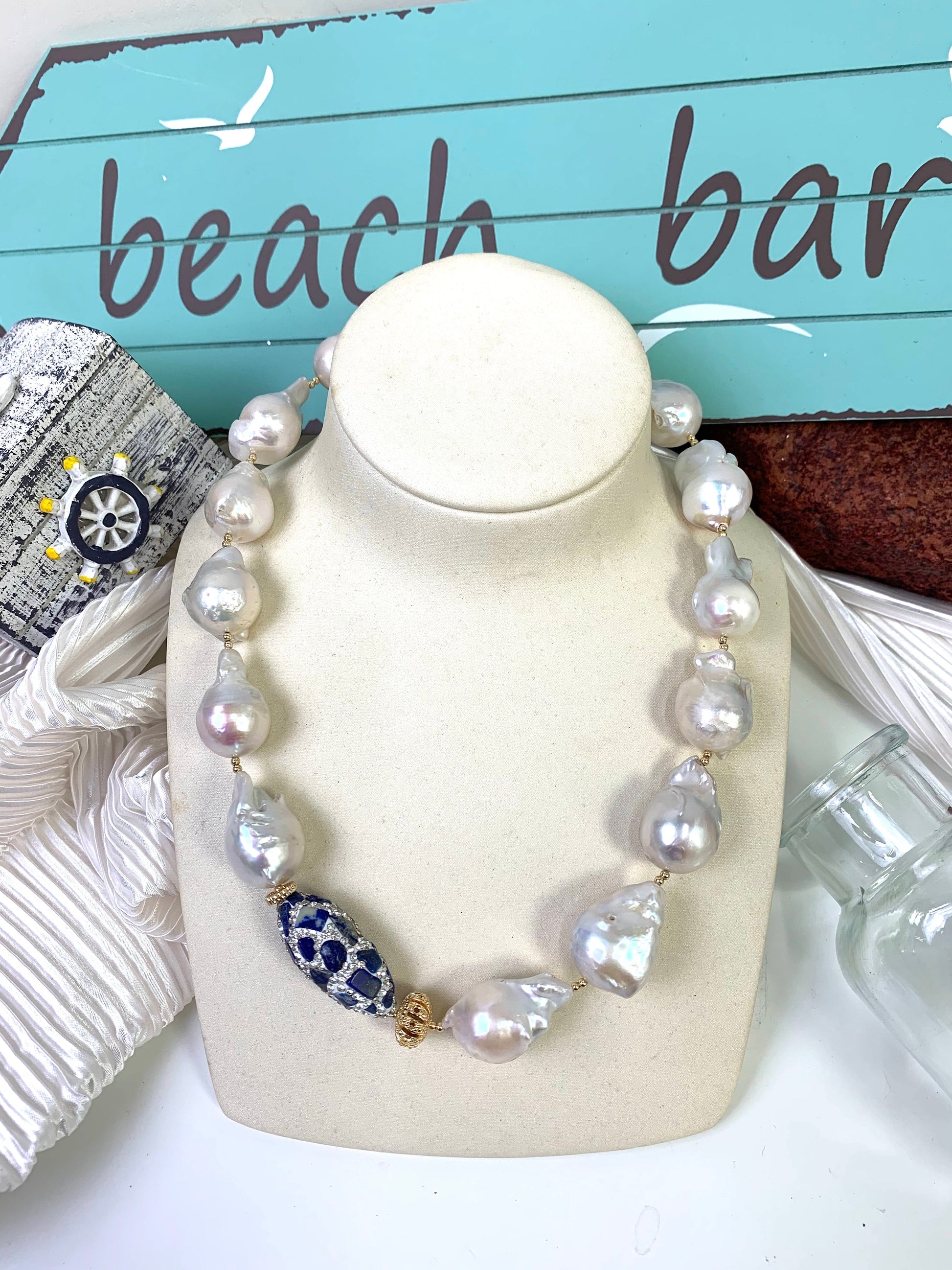 Baroque Pearls With Rhinestones Bordered Lapis Necklace EN019 - FARRA