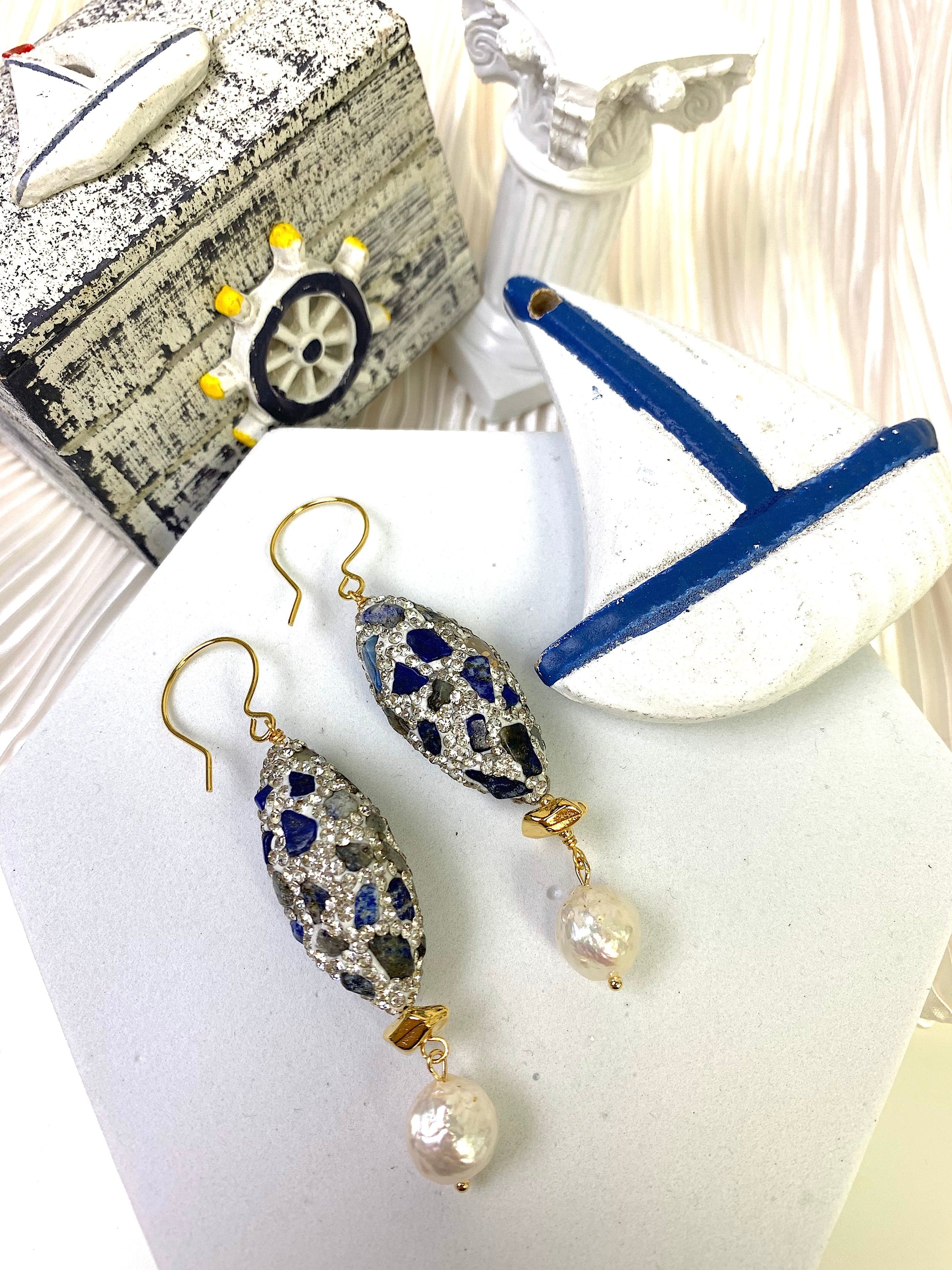 Lapis Rhinestone With Freshwater Pearls Dangle Earrings EE017 - FARRA