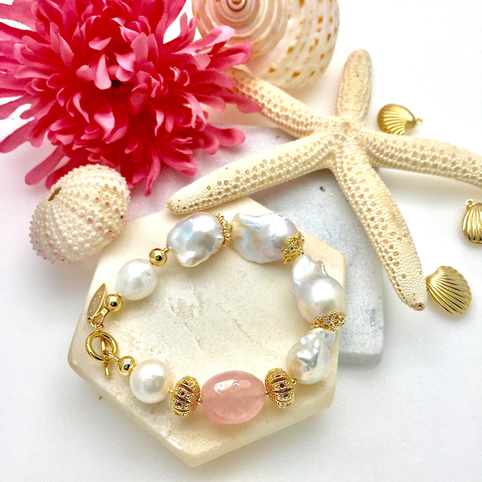 Freshwater Pearls & Rose Quartz Bracelet NPB006 - FARRA
